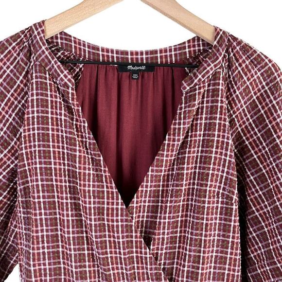 Madewell Seersucker Wrap Mini Dress in Dark Merlot Plaid Print Burgundy Red, XS‎ - Picture 3 of 16